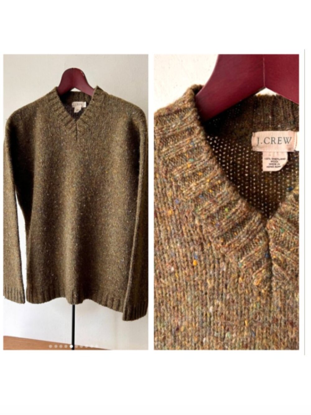 90's Vintage J.Crew Speckled Green Wool Knit V Neck Sweater M